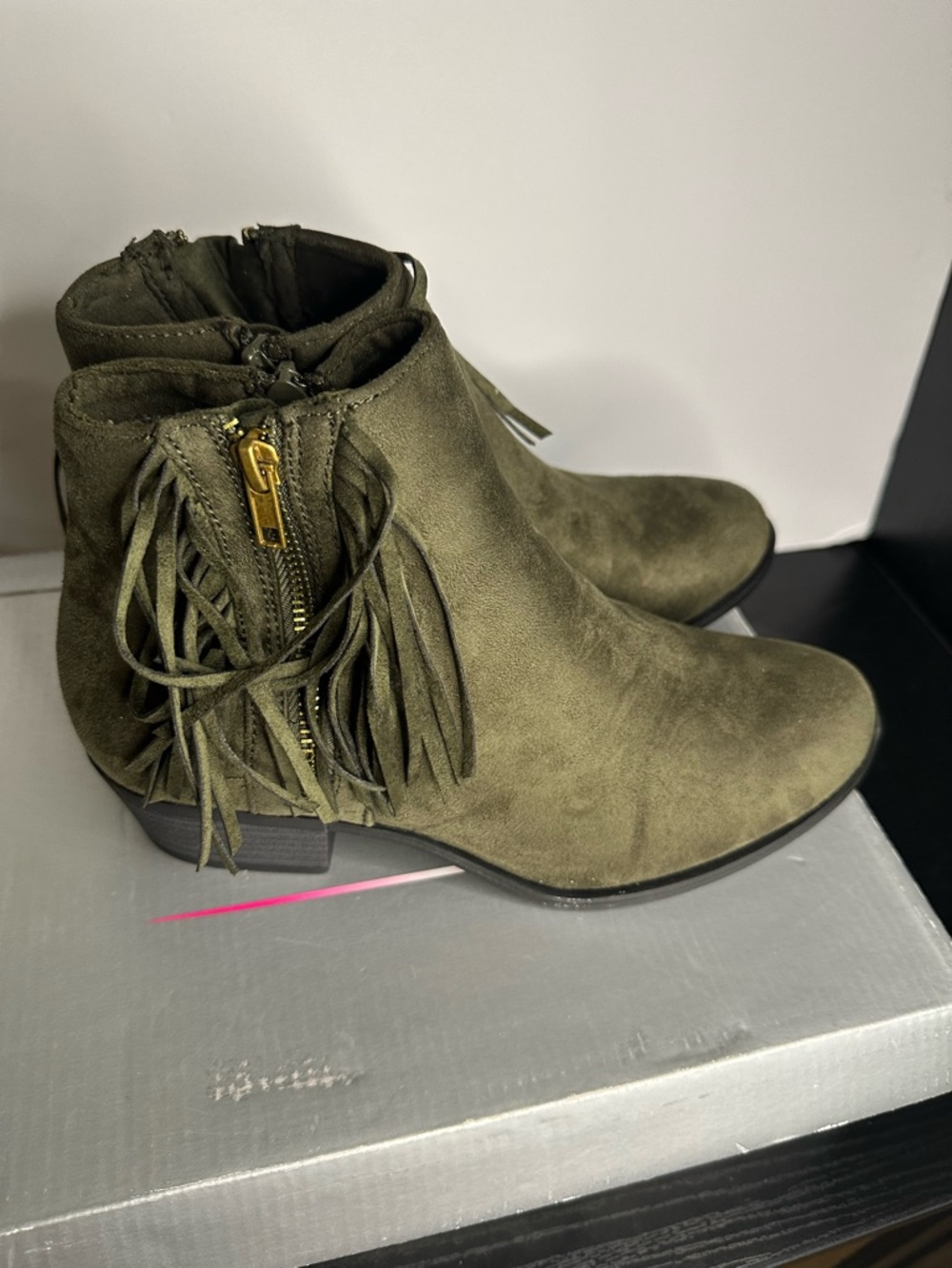 Herstyle Olive Green Suede Fringe Ankle Boots - Picture 2 of 7